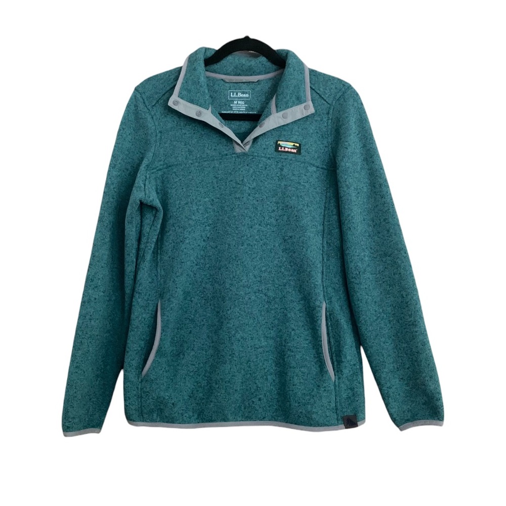 LL Bean Sweater Fleece Snap Front Pockets Heathered Teal Sz M